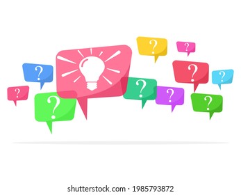 Speech bubbles with multicolored question marks and light bulbs symbolize thoughts