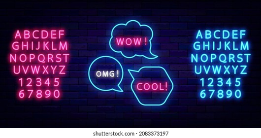 Colección de signos de burbujas de voz en neón. Guau y coll texto. Alfabeto azul y rosa. Juego de banner con efecto de brillo exterior. Mensaje en medios sociales. Casilla en la pared de ladrillo. Ilustración de material vectorial