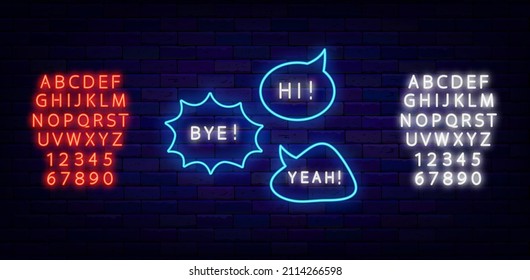 Speech bubbles neon sign collection. Hi, bye and yeah shiny text. Glowing blue and pink alphabet. Shiny effect banner. Social media message. Chatting box on brick wall. Vector illustration