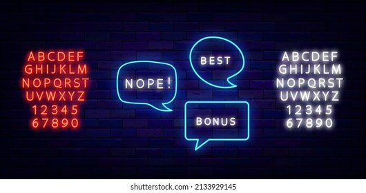 Speech bubbles neon sign collection. Best, nope shiny text. Glowing blue and red alphabet. Shiny effect banner. Chatting box on brick wall. Vector illustration