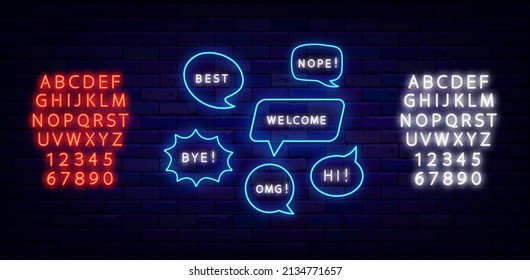 Speech bubbles neon sign collection. Welcome, bye and yeah shiny text. Glowing white and red alphabet. Shiny effect banner. Chatting box on brick wall. Vector illustration