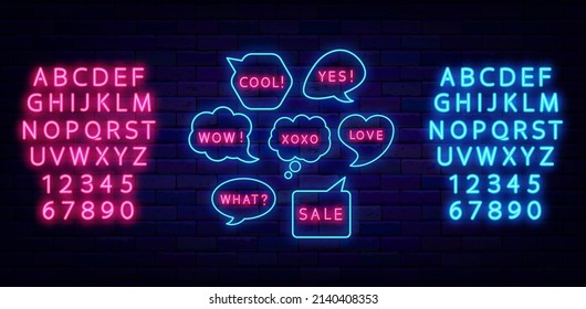 Speech bubbles neon sign collection. Different shiny text. Cool ad wow. Glowing blue and pink alphabet. Shiny effect banner. Chatting box on brick wall. Vector illustration