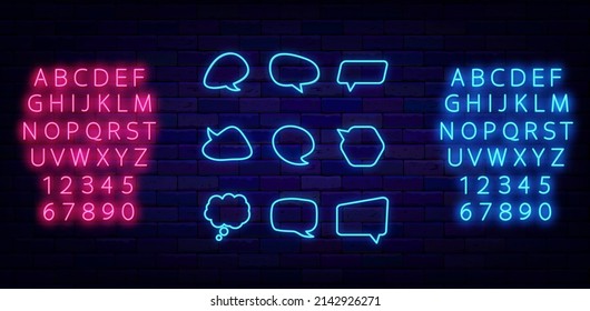 Speech bubbles neon signs collection. Empty frames for text. Blue and pink alphabet. Outer glowing effect banner. Social media message. Chatting box on brick wall. Vector stock illustration