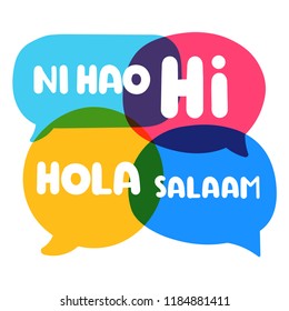 Speech bubbles Ni hao, hi, hola, salaam discuss, social network or bilingual translation concept. Vector business illustration on white background.