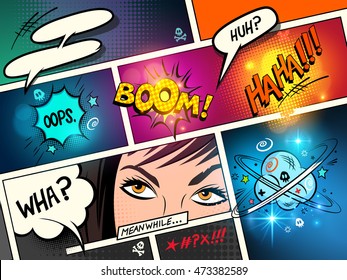 Speech Bubbles On A Comic Strip Background With Cartoon Actions. Vector Illustration