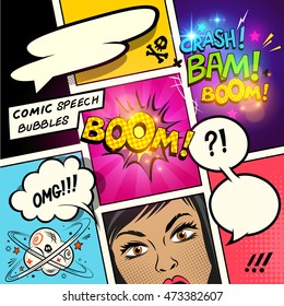 Speech Bubbles On A Comic Strip Background With Cartoon Actions. Vector Illustration