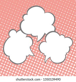 Speech Bubbles on Coral Background with Dots ,Three Speech Bubbles on Pop Art Halftone Background, Conversation in Retro Style, Vector Illustration