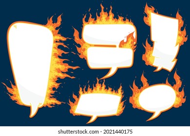 Speech bubbles are on fire. Hot Fire flame and speech bubles cartoon set.