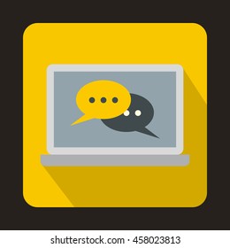 Speech bubbles on laptop icon in flat style on a yellow background