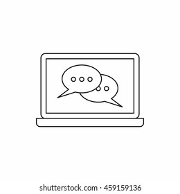 Speech bubbles on laptop icon in outline style on a white background