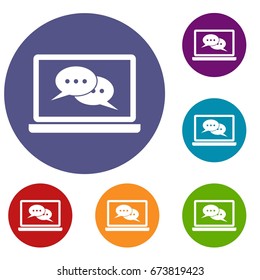 Speech bubbles on laptop screen icons set in flat circle reb, blue and green color for web
