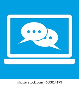 Speech bubbles on laptop screen icon white isolated on blue background vector illustration