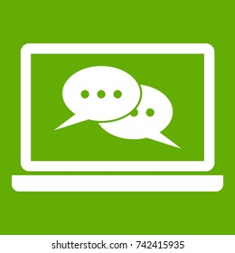 Speech bubbles on laptop screen icon white isolated on green background. Vector illustration