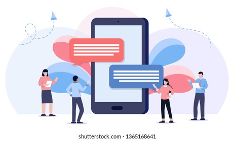Speech bubbles on phone screen flat vector illustration of young people using mobile smartphone for texting and leaving comments in social networks. Chatting via messenger app