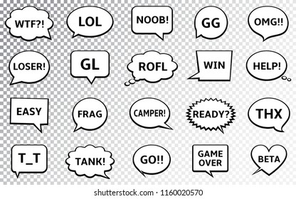 Speech bubbles with online computer gamers chat short messages. Vector Illustration.