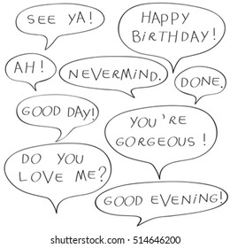 Speech bubbles with original childish text, doodles isolated on white