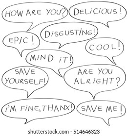 Speech bubbles with original childish text, doodles isolated on white