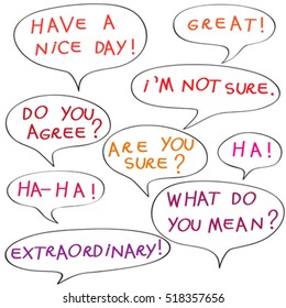 Speech bubbles with original childish text, color doodles isolated on white