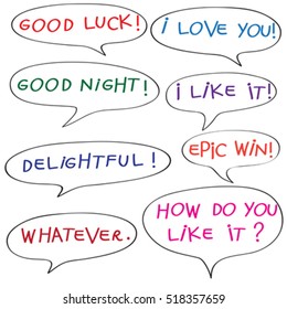 Speech bubbles with original childish text, doodles isolated on white