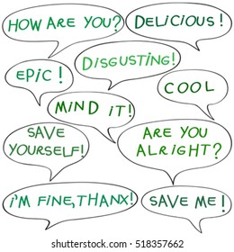 Speech bubbles with original childish text, doodles isolated on white