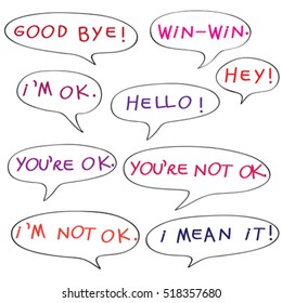 Speech bubbles with original childish text, color doodles isolated on white