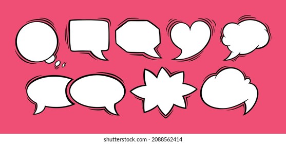 Speech bubbles in oval, rectangular, heart and star shapes. Set of speech boxes isolated in red background. Handdrawn vector illustration