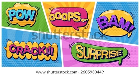 Speech bubbles pack. Pow Bam Surprise Crack Ooops text and halftone elements on color groovy shape patterns. Vector color cartoon illustrations drawn in pop art style.