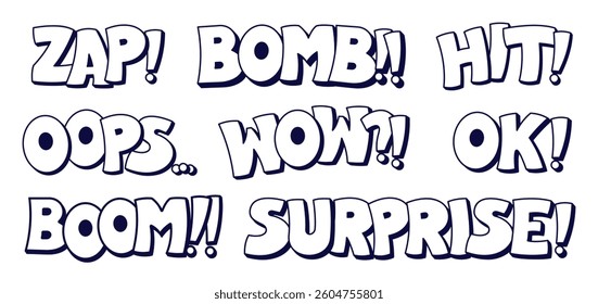 Speech bubbles pack with zap bomb hit ops wow ok boom surprise black and white worlds and halftone elements.
