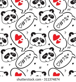 Speech bubbles and panda seamless pattern. Hearts and symbols