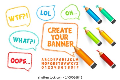 Speech bubbles, pencils and doodles font. Set of scribble banners, crayons and alphabet with numbers for create vector template. Hand drawn sketch