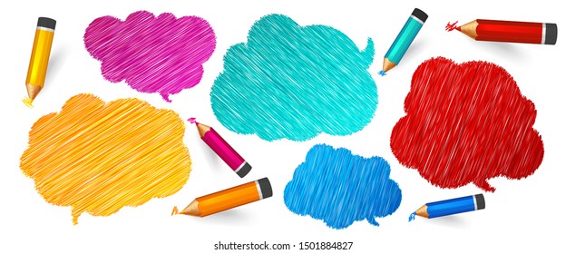 Speech bubbles and pencils. Hand drawn doodles banners with place for quotes on white background. Set of colorful sketch clouds, multicolored lines stroke and scribble. Vector illustration