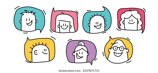 Speech bubbles with people avatar. Stick figure. Doodle style. Vector illustration.