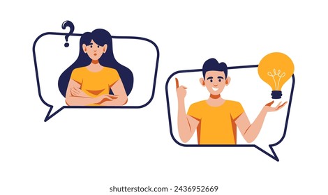 Burbujas del habla con la gente. Mujer con icono de pregunta y hombre con icono de bulbo. Ilustración vectorial de estilo plano. Decisión, apoyo, solución de problemas, idea, concepto de comunicación.