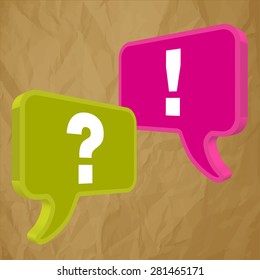 speech bubbles in perspective colorful question & exclamation mark on crumpled paper brown background