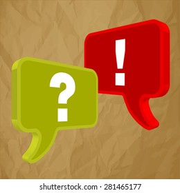 speech bubbles in perspective colorful question & exclamation mark on crumpled paper brown background