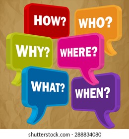 speech bubbles in perspective colorful question HOW WHO WHAT WHY WHERE WHEN  on a crumpled paper brown background