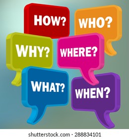 speech bubbles in perspective colorful question HOW WHO WHAT WHY WHERE WHEN on a blue bokeh background