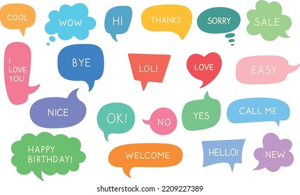 Speech bubbles with phrases, conversation bubbles of different shapes. A set of vector dialog bubbles. Hi, bye, sorry, welcome, happy birthday