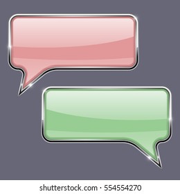 Speech bubbles. Pink and green 3d icons with chrome frame. Vector illustration.
