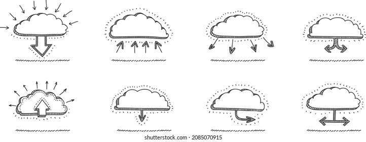 Speech bubbles in the point cloud forms with the arrows - sketchy hand-drawn vector illustrations. 