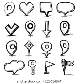 Speech bubbles, pointers and simple shapes collection. Hand drawing sketch vector illustration