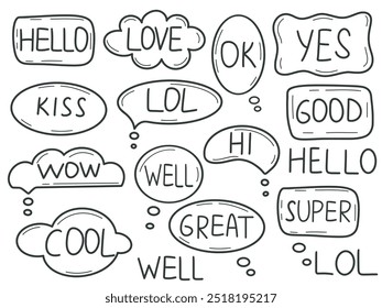 Speech bubbles with popular words hand drawn set