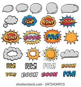 Las burbujas de habla bajan, boom. Burbujas de habla cómica con diferentes emociones. Dibujo a mano. Ilustración vectorial de color en estilo de línea de dibujos animados.
