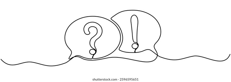 Speech bubbles with question and exclamation mark continuous one line drawing. Dialogue sign. Chat linear symbol. Vector illustration isolated on white.