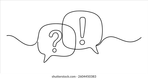 Speech bubbles with question and exclamation mark continuous single line art drawing sketch on white background
