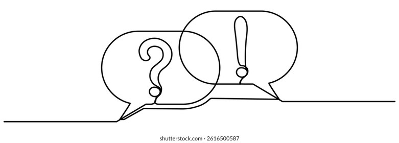 Speech bubbles with question and exclamation mark continuous one line drawing. Chat linear symbol. Dialogue sign. Vector illustration isolated on white.	