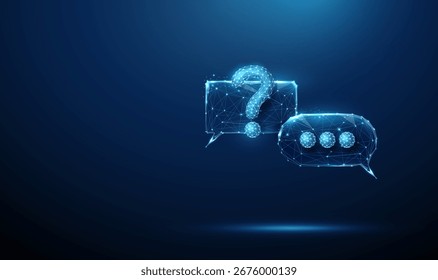 Sprechblasen mit Fragezeichen und Ellipsen. Gespräch, Anfrage, Klärung, Problemlösung, Chatbot-Interaktion, Konzept des technischen Supports. Low-Poly-Digital-Futuristik, Drahtmodell. Vektor.