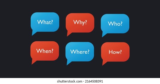 Speech bubbles with question words. Conversation windows with blue what and who red why and when social media communication with vector dialogues
