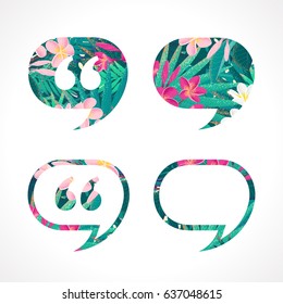 Speech bubbles. Quotation marks speech bubbles. Retro vector tropical illustration. Pink and white frangipani (plumeria) flowers with palm leaves