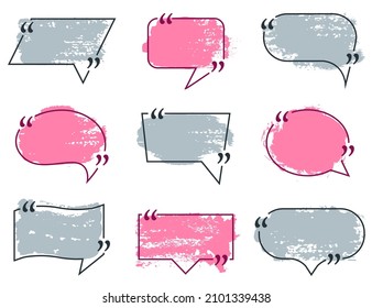 Speech Bubbles, Quote Box Frame Labels Set. Blank Texting Quote Boxes Templates Info Design, Quotation Speech Bubbles Blog Symbols. Vector Tag, Badge, Sticker Templates. Chat Message Pink Gray Icons.